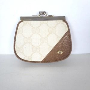 GUCCI GG Vintage Leather Wallet Mini Small Kisslock Brown Coin Purse 4x3 Logo